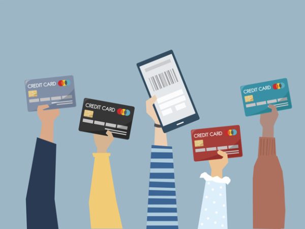 People holding credit cards illustration